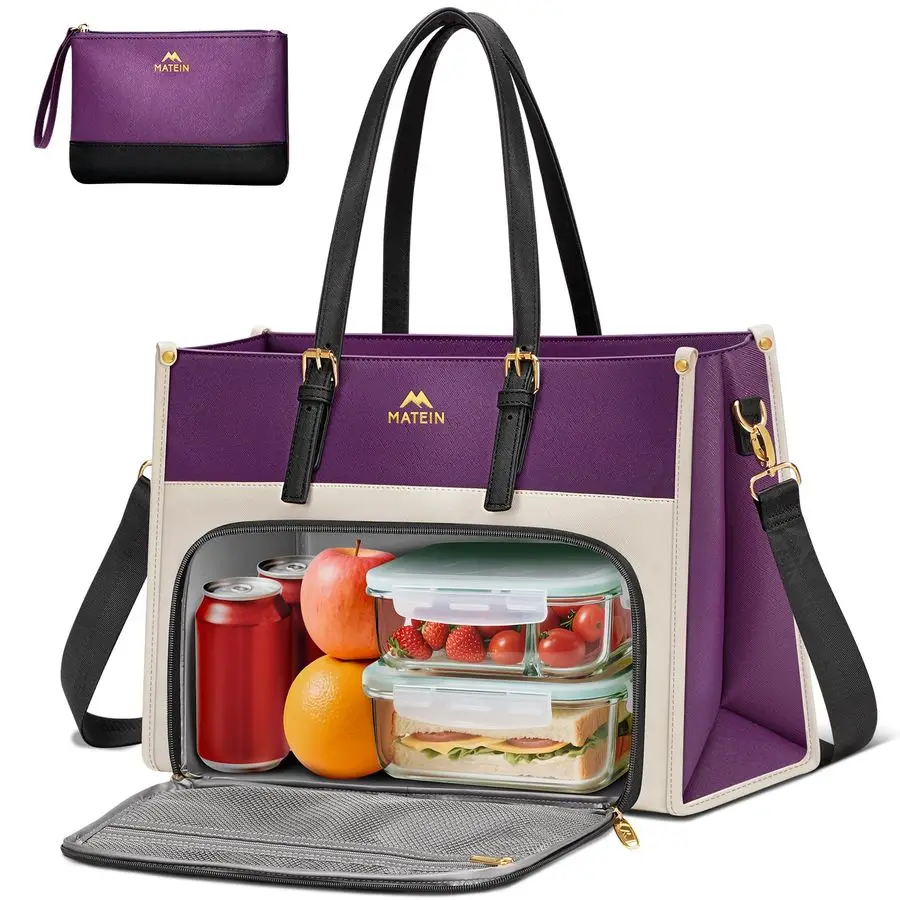 

Lunch Tote Bag for Women, 15.6 Inch PU Leather Laptop Briefcase with Insulated Lunch Compartment, Large Capacity Professional Co