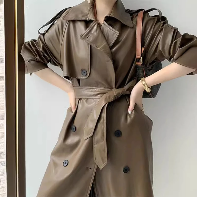 Fashion Autumn Retro Woman Long Wind Cheater Turn-down Collar Belt Mo To Jacket Clothes Button Women\'s Long Street Trench Coat