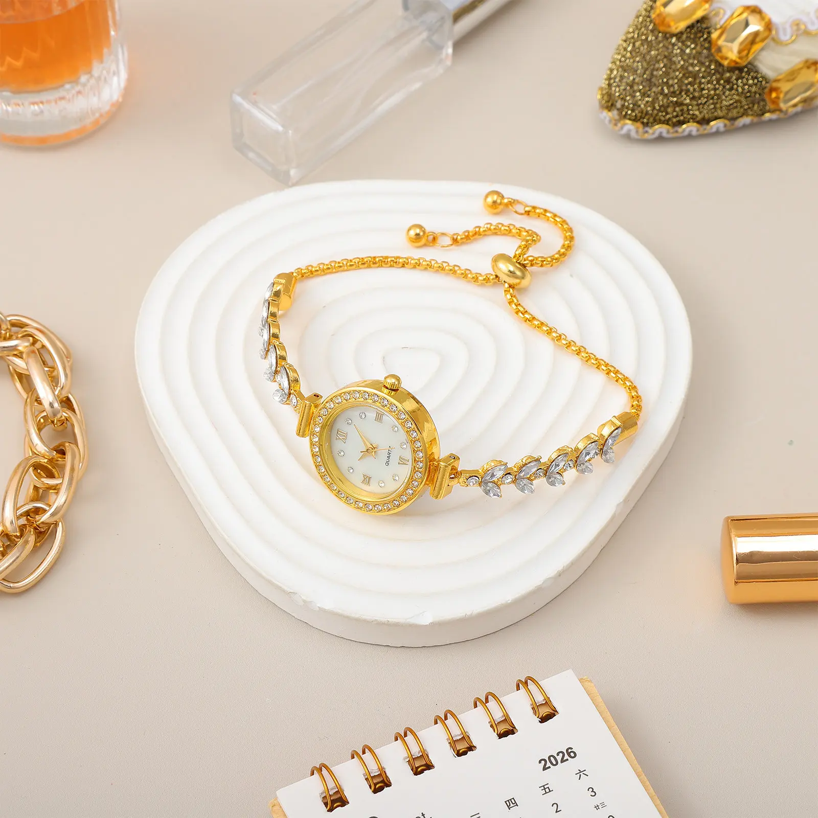 Women's Bangle Watch Rhinestone Accented Gold Alloy Analog Quartz Wristwatch Round Dial Dress Watch Comfortable Elastic Band