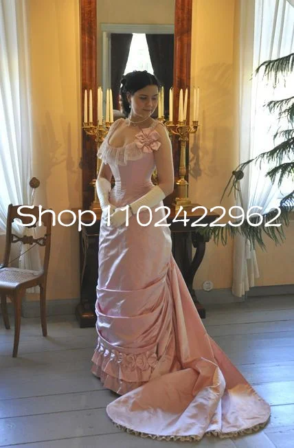 Vintage Pink Form Ball Gown Prom Dresses Lace Stain Victorian Society Historical Halloween Masquerade evening gowns customsized