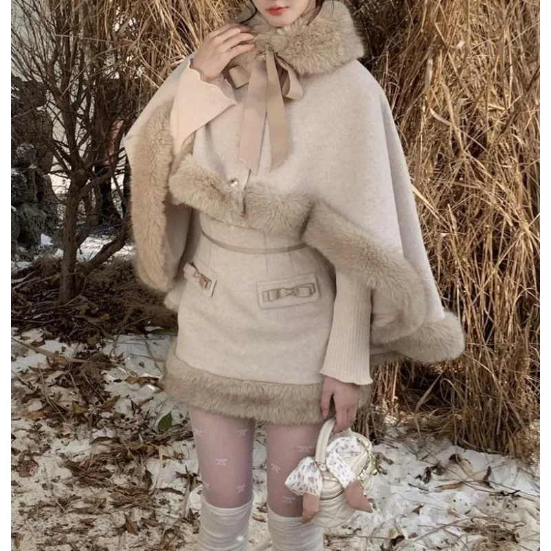 Little Princess French Lady-style Woolen Suit for Women, New Winter Collection Furry Cape and Skirt Two-piece Set