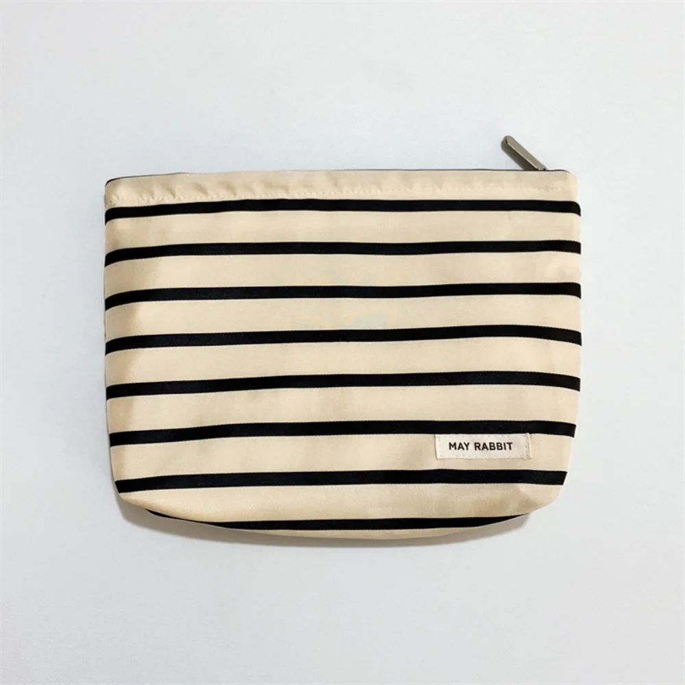 Women Satin Striped Makeup Bag Large Capacity Cosmetic Storage Bag Travel Portable Toiletries Organizer Leisure Ladies Clutch