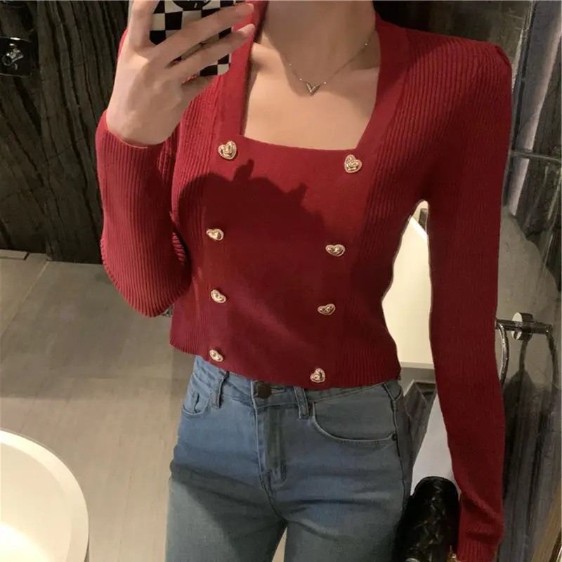 2323 Spring and Autumn New French Square Neck Underlay Women\'s Fashion Sweet Temperament Top Knitwear Trend