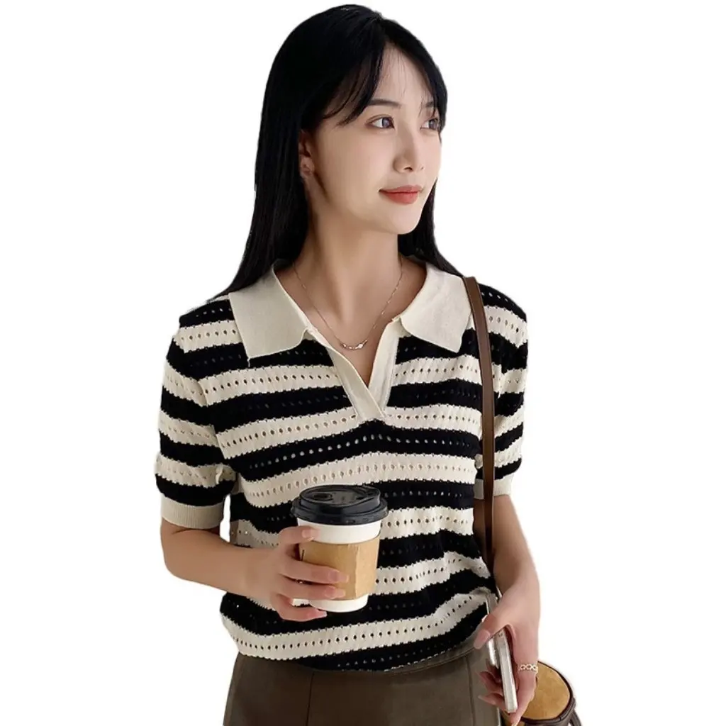 

Women's Fashion Polo Collar Knitwear Short Sleeve T-Shirt Striped Pullover Casual Loose Fit Summer