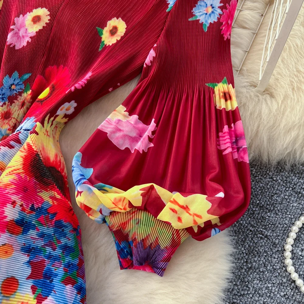 Miyake Pleated Print Dresses 2026 Summer New Round Neck Lantern Sleeve A-Line Flower Bud Dress Elegant Stretch Women's Clothing