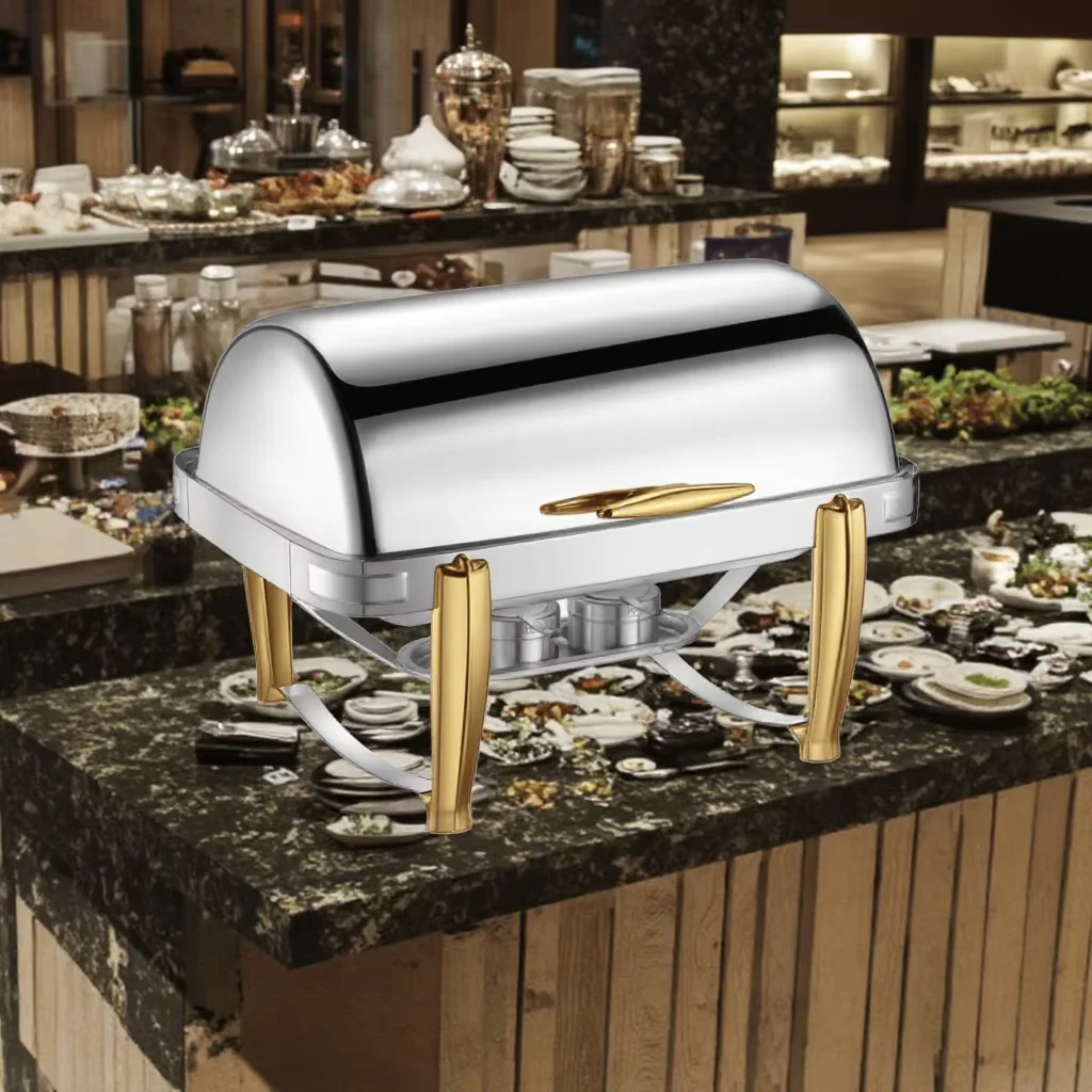 Horno de buffet con pie de cordero, acero inoxidable, chapado en oro, diseño único