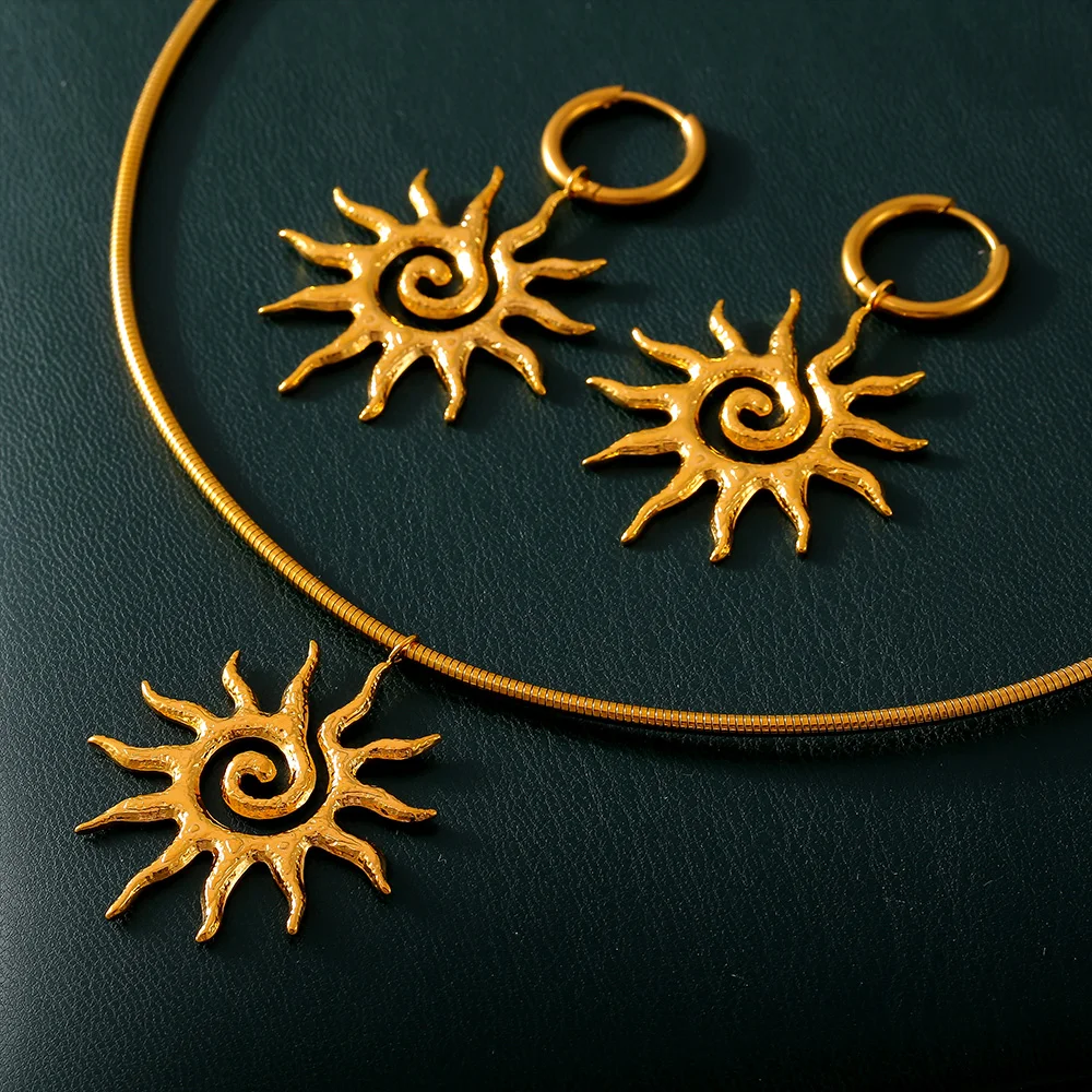 Liora Spiral Sun Pendant Necklace Dangle Earrings For Women Stainless Steel Snake Chain Charm Women Jewelry Sets Party Gifts