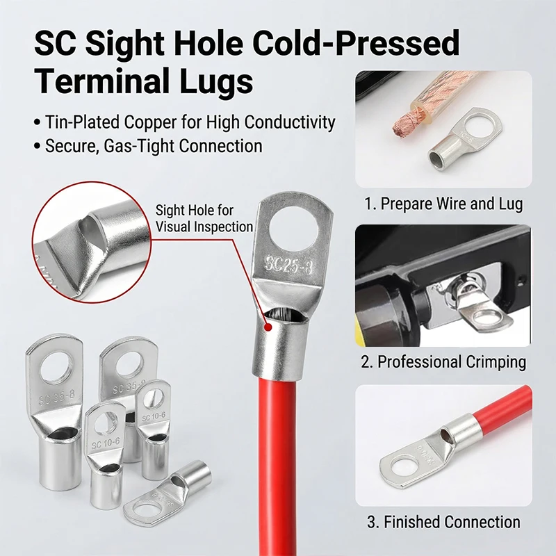 1000pcs SC6 SC8 SC10 SC16 SC25 Wire Nose Terminal Bare Copper Battery Block Cable Lugs  SC Type Hole 6/ 8/10mm Crimp Connector