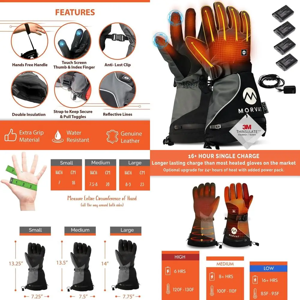 

Перчатки Morvat с подогревом и кожаными пальцами с сенсорным экраном на ладони, перезаряжаемые на 16 часов, водонепроницаемые, лыжные, мотоциклетные, мужские