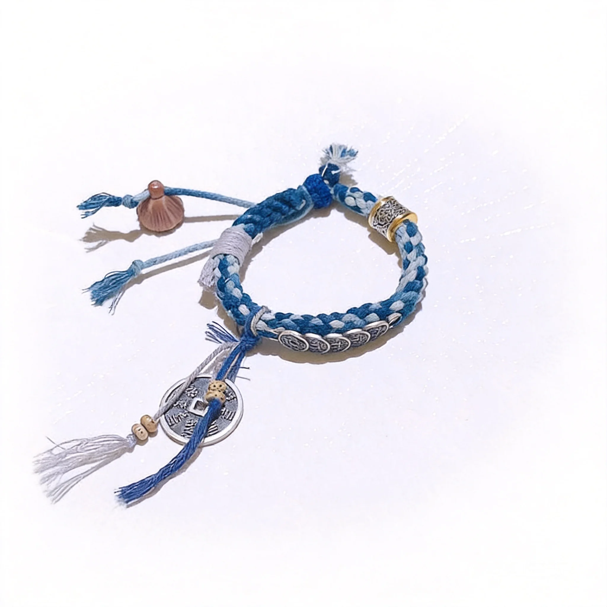 

Chinese Style Lucky Five Emperors Coins Mountain Ghost Amulet Navy Blue Hand Braided Bracelet Unisex Good Fortune Wealth Blessin