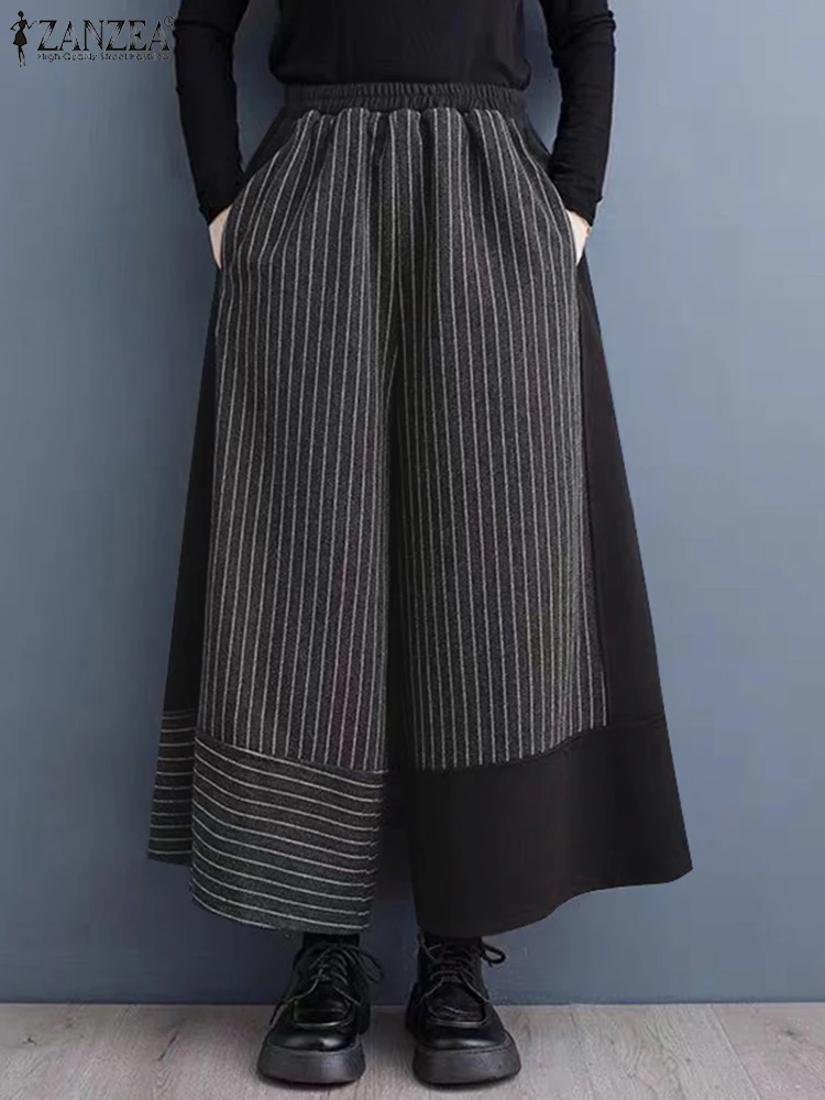 

ZANZEA Korean Streetwear Pants Casual Loose Striped Patchwork Long Trouser Holiday 2025 Summer Wide Leg Pantalons Casual Bottoms