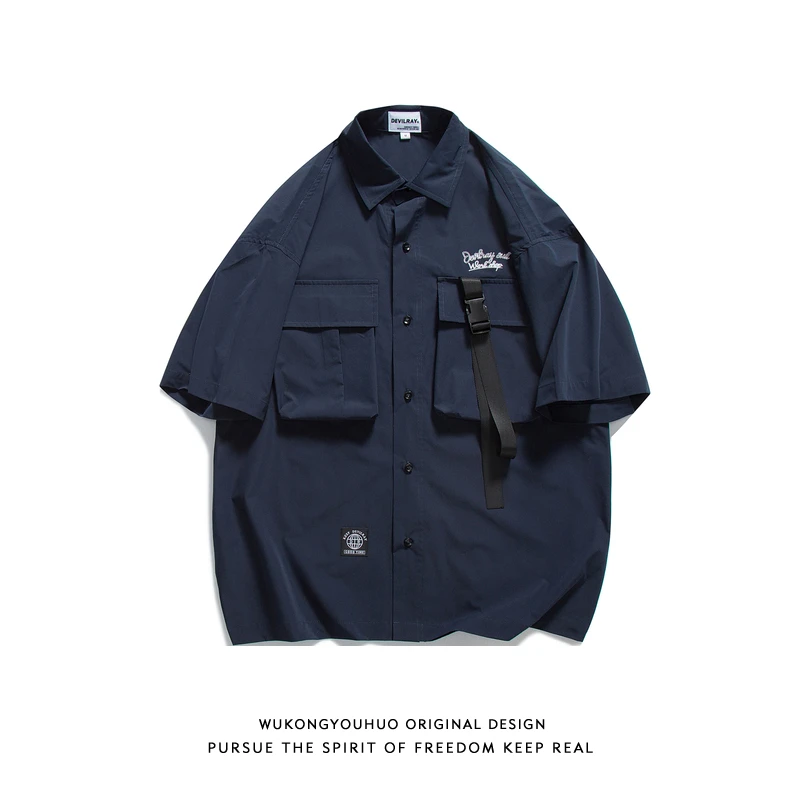 

Loose Men's ort Sve irt with ket Retro Japanese Sle Streetwear Casual Breathable Summer Outerwear for Couples