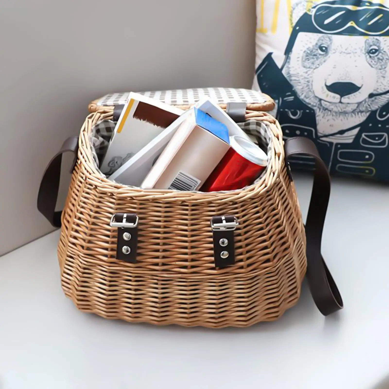 

Woven Picnic Baskets Hand-Woven Camping Basket With Shoulder Strap And Lid Multi Functional Organizer Hamper For Outdoor Thanks