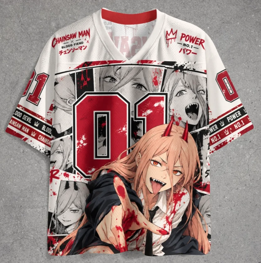 Chainsaw Power Printed Mesh Sports Quick Drying V-neck Anime Blood Demon Power Manga Collage Pattern Number 01 Sports Shirt