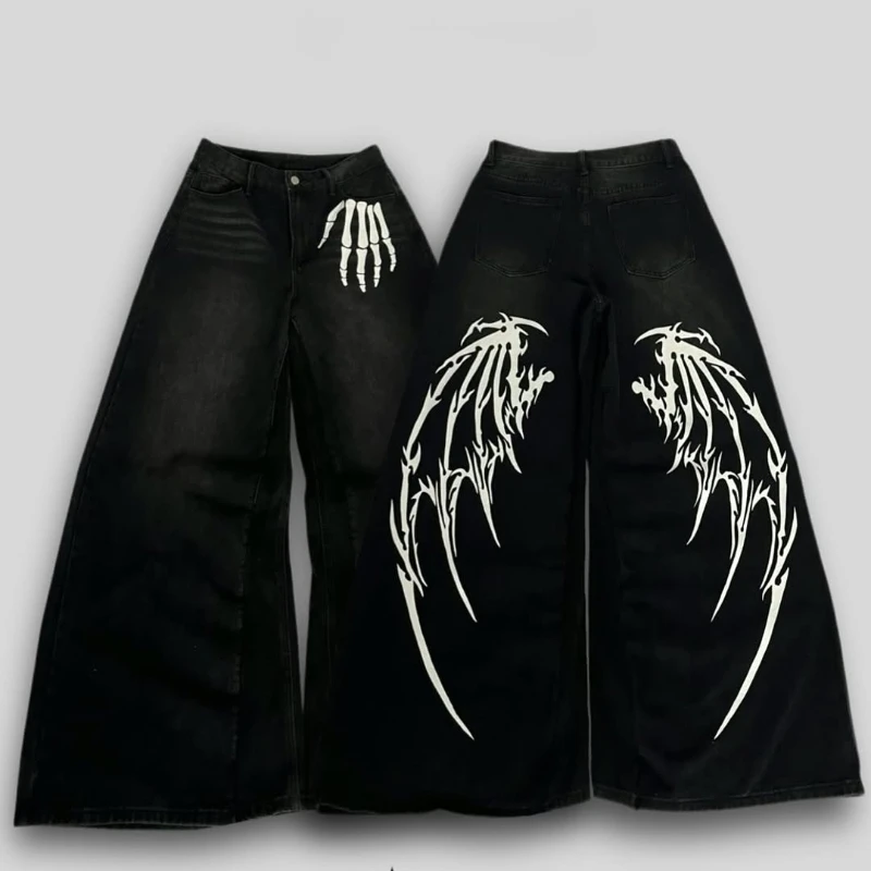 

Y2K Готические черные мешковатые джинсы со скелетом и карманом с принтом, модные джинсы с низкой талией и графикой, потертые джинсы унисекс в стиле ретро