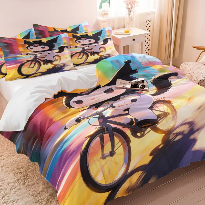 2/3PCS Cool Kuromi Duvet Cover Set With 1/2 Pillowcases Soft Breathable Bicycle Print Bed Linen All Season Bedroom Dorm Room
