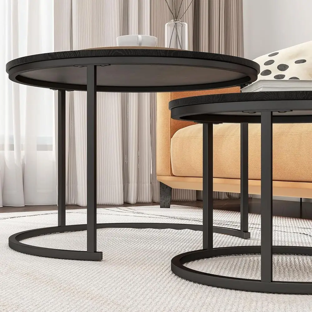 Black Nesting Coffee Table Set, 2 Wooden Accent End Tables with Metal Frame for Living Room, Sturdy Stackable Side Tables, Easy