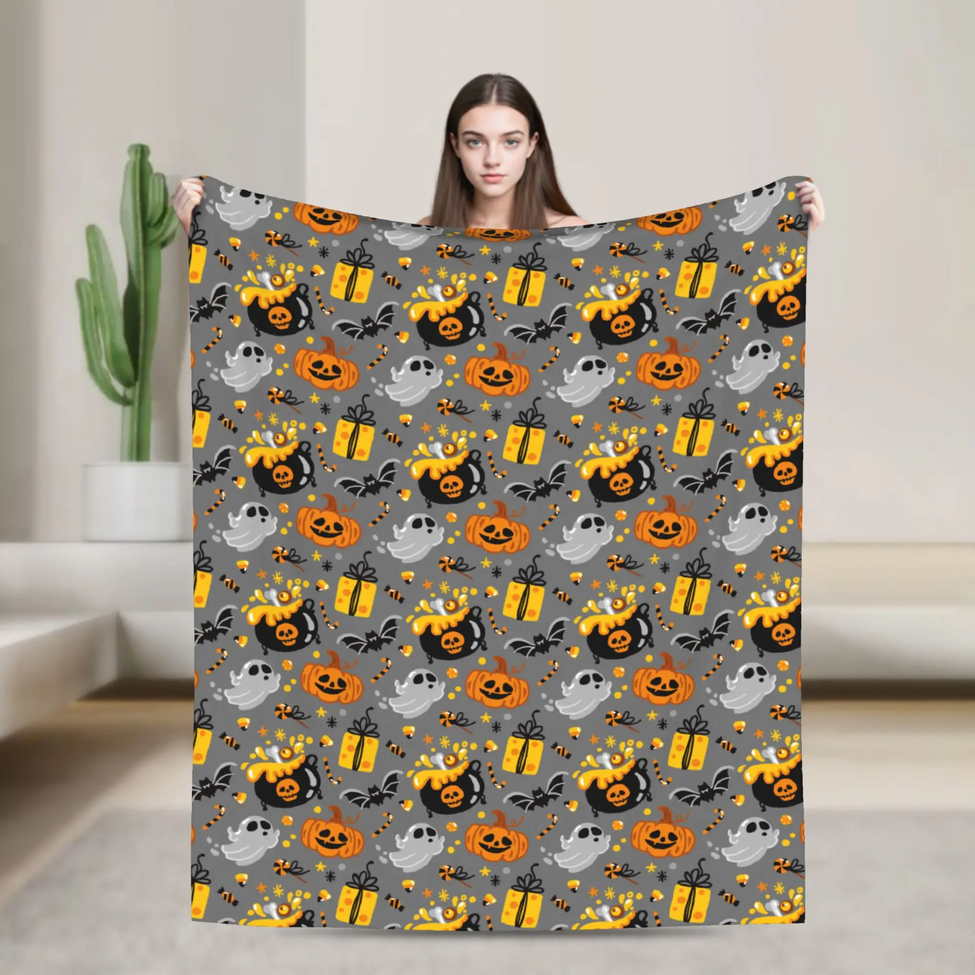 

Spooky Halloween Ghosts And Pumpkins Blanket Flannel Printed Warm Throw Blanket for Bedding Bedroom Bedding Throws
