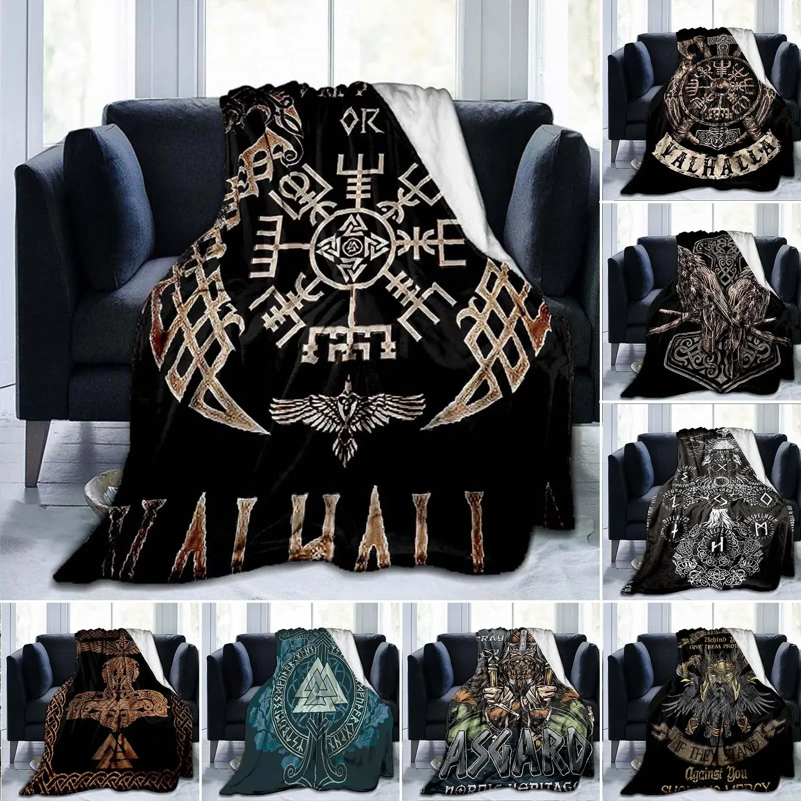 3D Print Vikings Ancient Scandinavian Norse Runes Axes Blanket Sofa Cover Throw Blanket Fleece Warm Bed Blankets Bedroom Couch