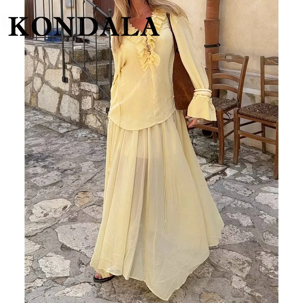 KONDALA ヴィンテージイエローエレガントな女性スーツ V ネックレースアップルーズシャツ + プレーテッドロングスカートカジュアル女性春 2025 ホリデーセット
