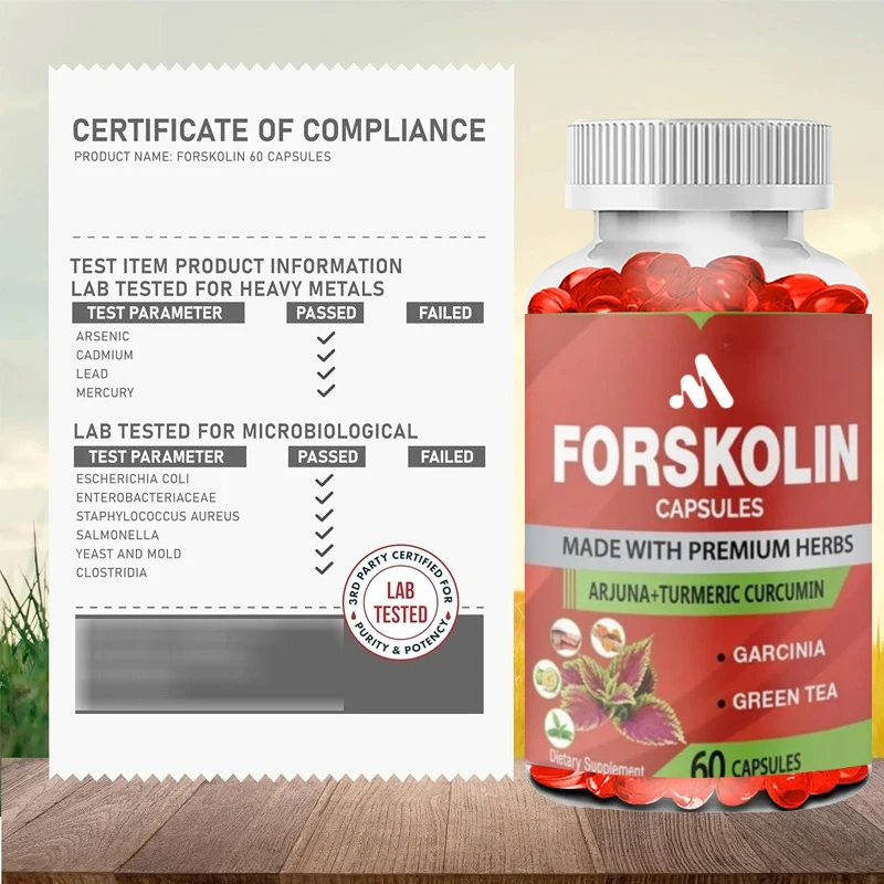 كبسولات مكملات فورسكولين العضوية تحتوي على الكركم والكركمين واللوز والغارسينيا كامبوجيا والشاي الأخضر