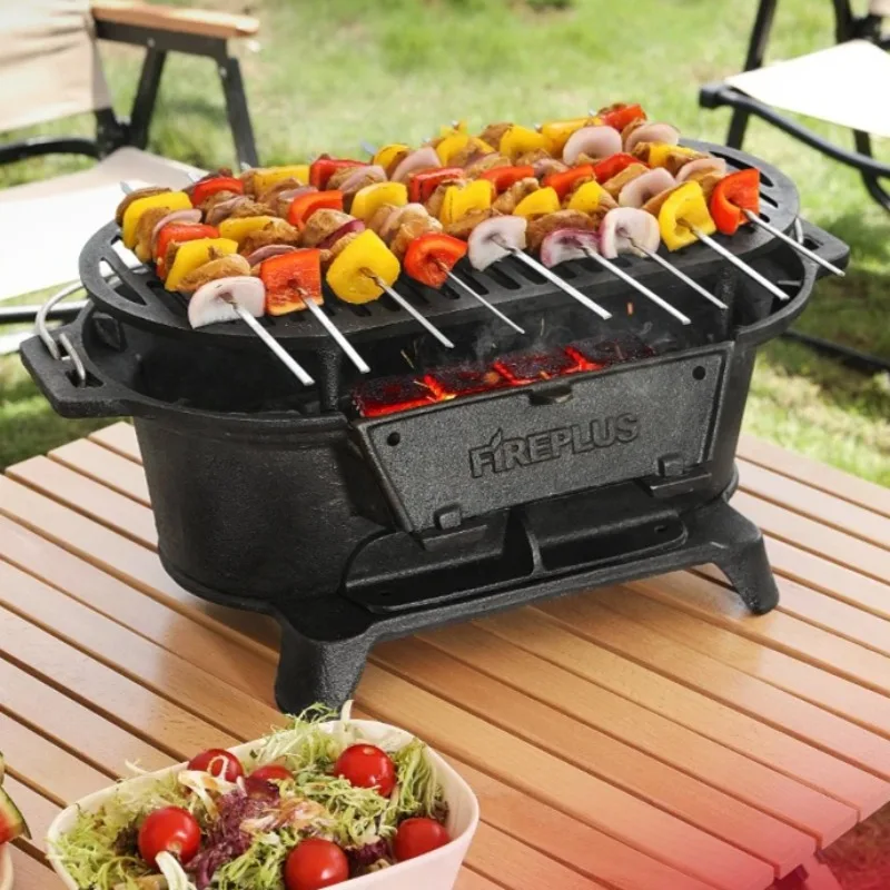 

Cast Iron Charcoal Grill Outdoor-Heavy Duty BBQ Grill for Home Portable Camping Stove with Tea Kettle Oyster Roasting&Meat Tray