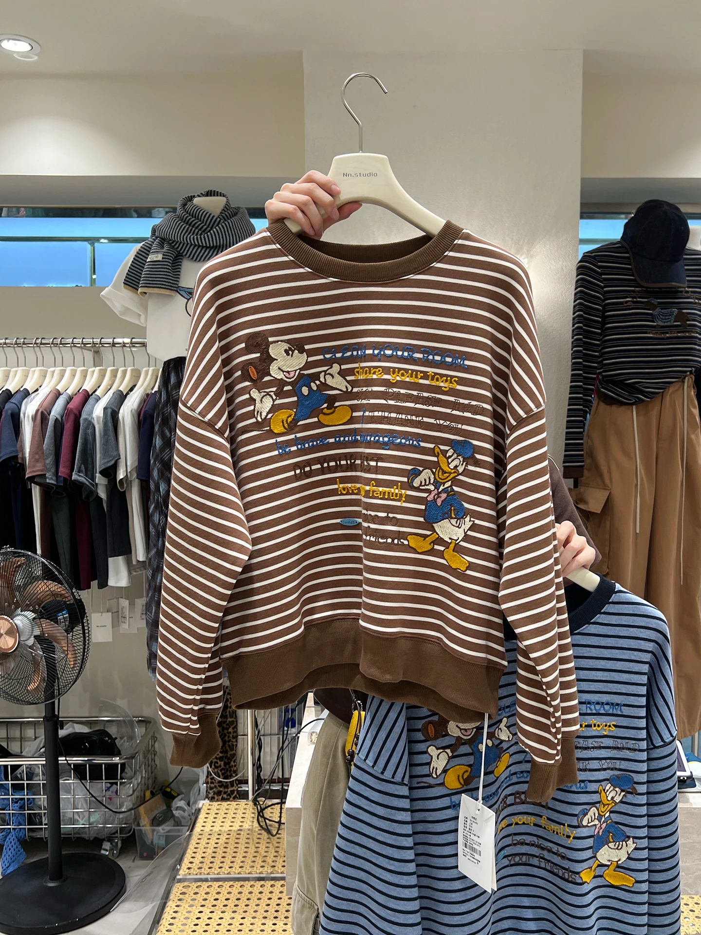 European Style Cartoon Sweatshirt for Women 2025 Autumn New Heavy Embroidery Round Neck Color Block Striped Print Top