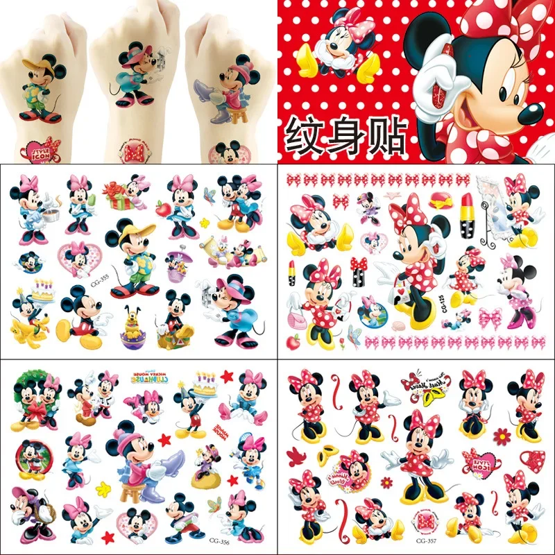 Disney-pegatinas de tatuaje de Mickey y Minnie Mouse, pegatinas de tatuaje Kawaii para fiesta de niños, pegatina de transferencia de agua