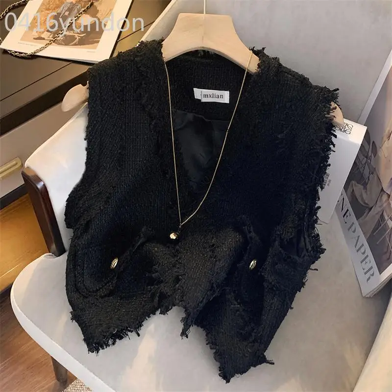 Chalecos Mujer French Fragrant Style Sleeveless Short Coat Black Tassel Vest Women Vintage Crop Top Colete Waistcoat  2024