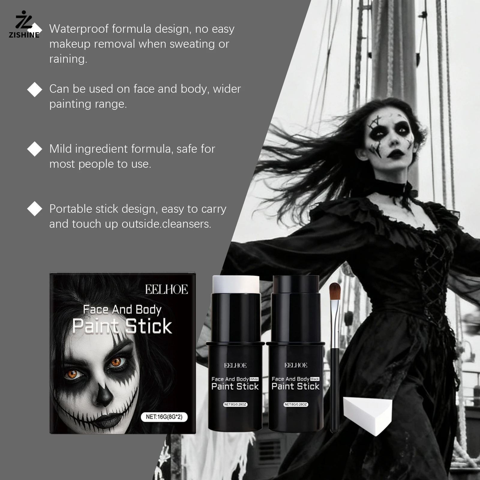 Halloween Face Painting Kit High-Color Face and Body Paint Brush in Black and White for DIY Cosplay Theme Party Body Makeup