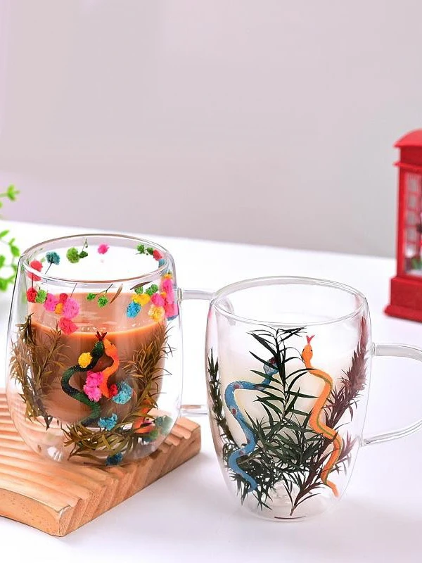 Double Layer High Borosilie Glass Cup with Real Dried Flowers Heat Insulation Snake Year Design Breakfast Milk Coffee Cup ...