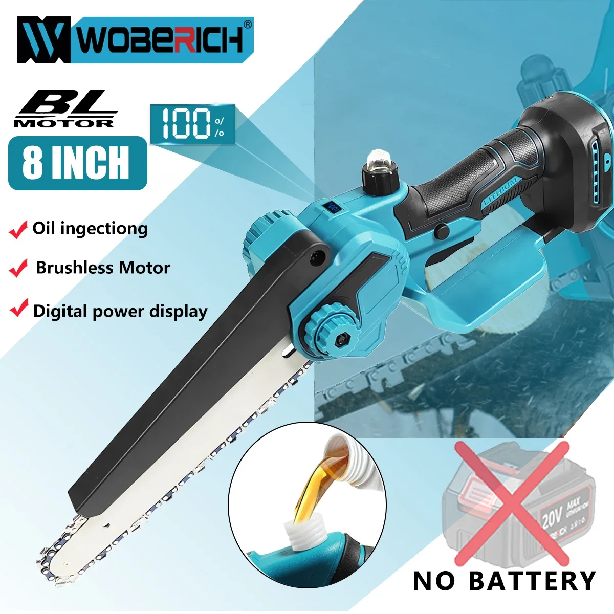 

WOBERICH 8 Inch Brushless Electric Saw Cordless Handheld Garden Wood Logging Pruning Chainsaw Power Tools for Makita 18V Battery