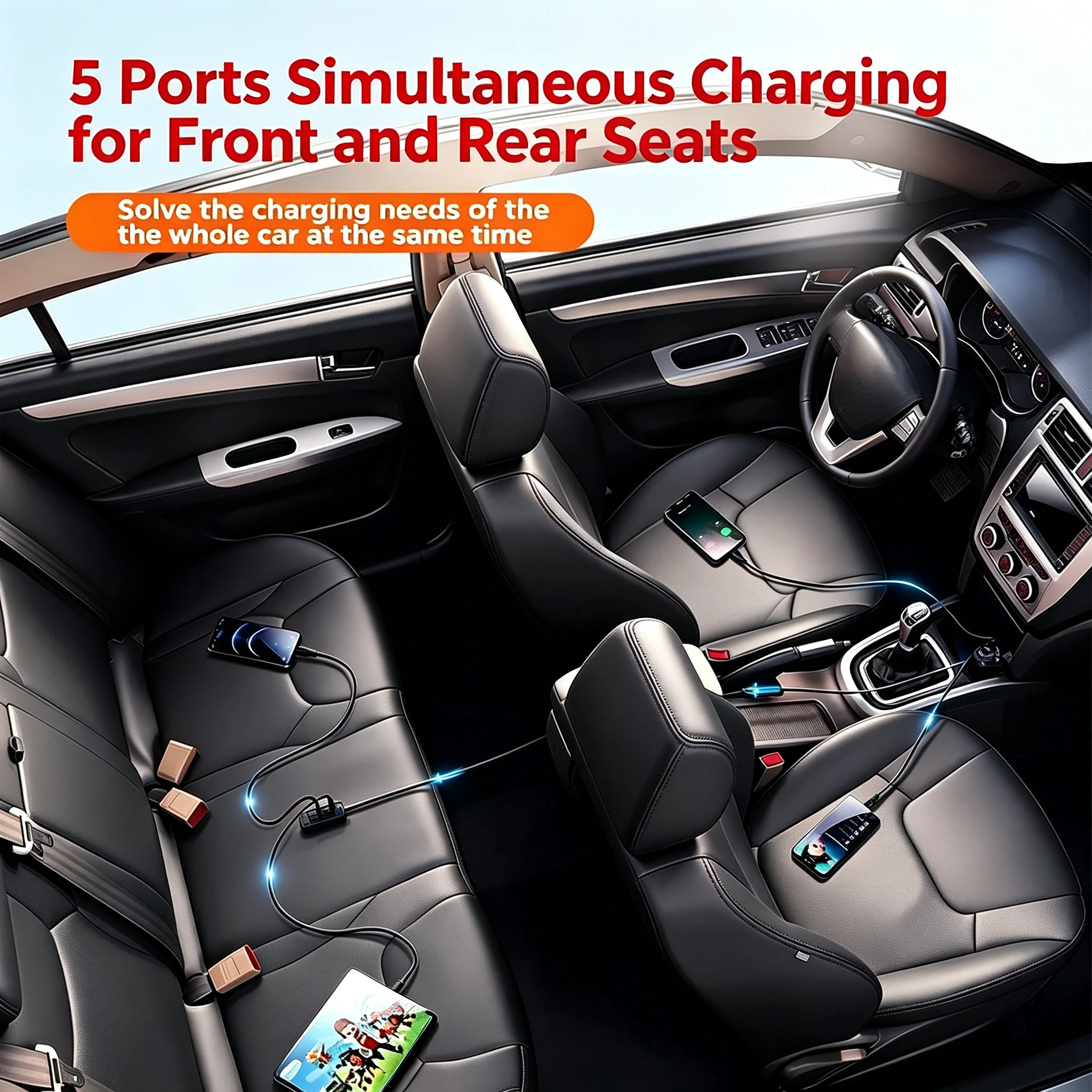Front and Rear Chargers, Car Charger, Car Charger with Voltage Display; Super Fast Charging 5-Port Car Adapter; 120W Total Output, 3 USB C Outputs & 2 Type-C Outputs; Supports Super Fast Charging; Ambient Lighting Effect; 1.5m Extended Charging Cable; Shockproof; Multiple Charging Protection; Car Charger for Mobile Phones and Computers, Etc., Essential Car Accessories for Travel, Universal Charger