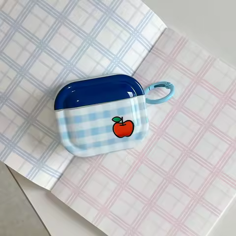Fashion Creative Blue Grid Pattern Gilded Red Apple With Hook Protect Earphone Cover Case for AirPods 1 or 2 3 4 Pro 2 Pro 3