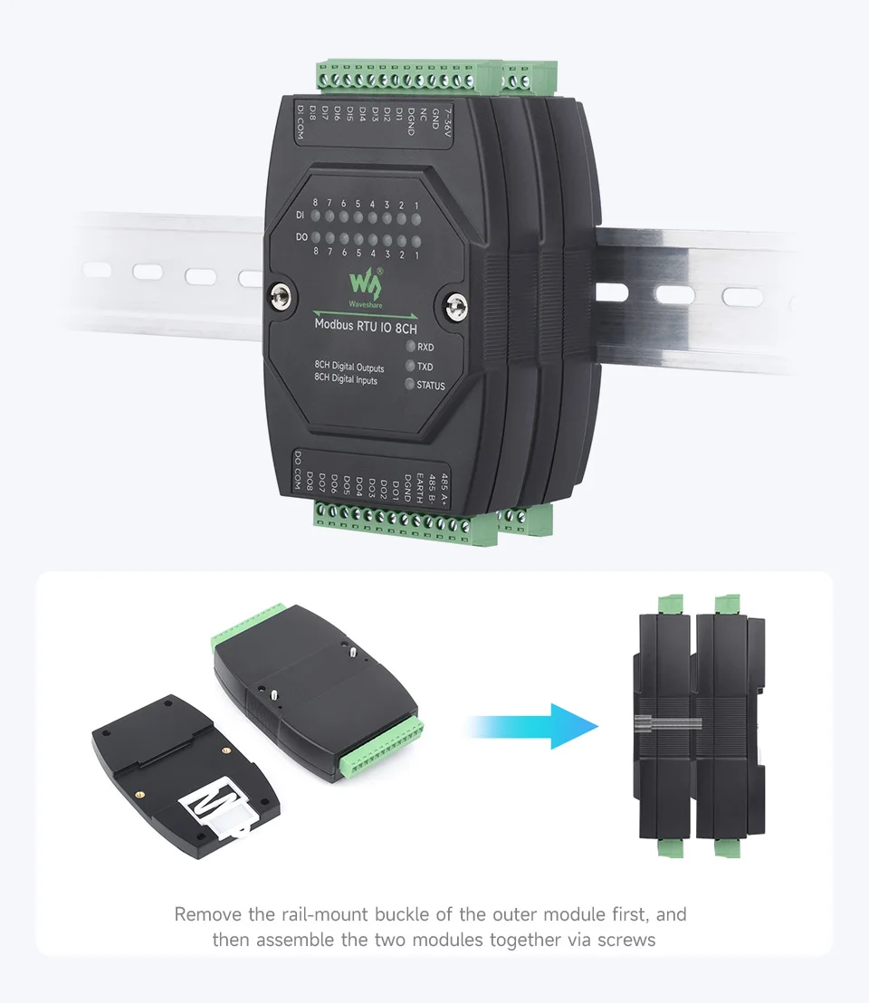 Waveshare Industrial 8-Ch Digital Input & Output Module, DC 7~36V Wide Voltage Power Supply, Modbus RTU Protocol, Rail-Mount