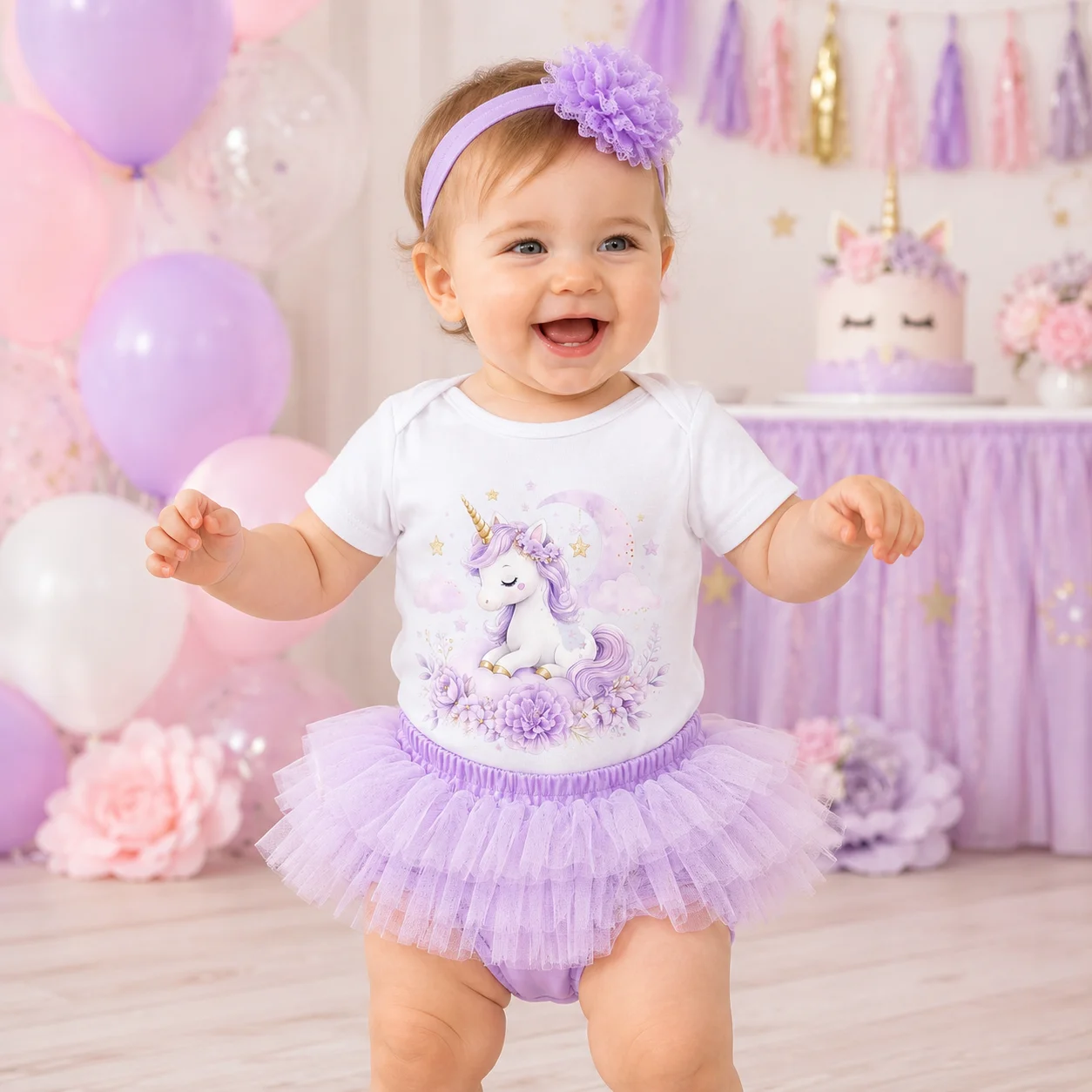 Infant Baby Girls Unicorn Tutu Outfit Set 3pcs Short Sleeve Romper + Tulle Skirt + Headband 1st Birthday Party Dress