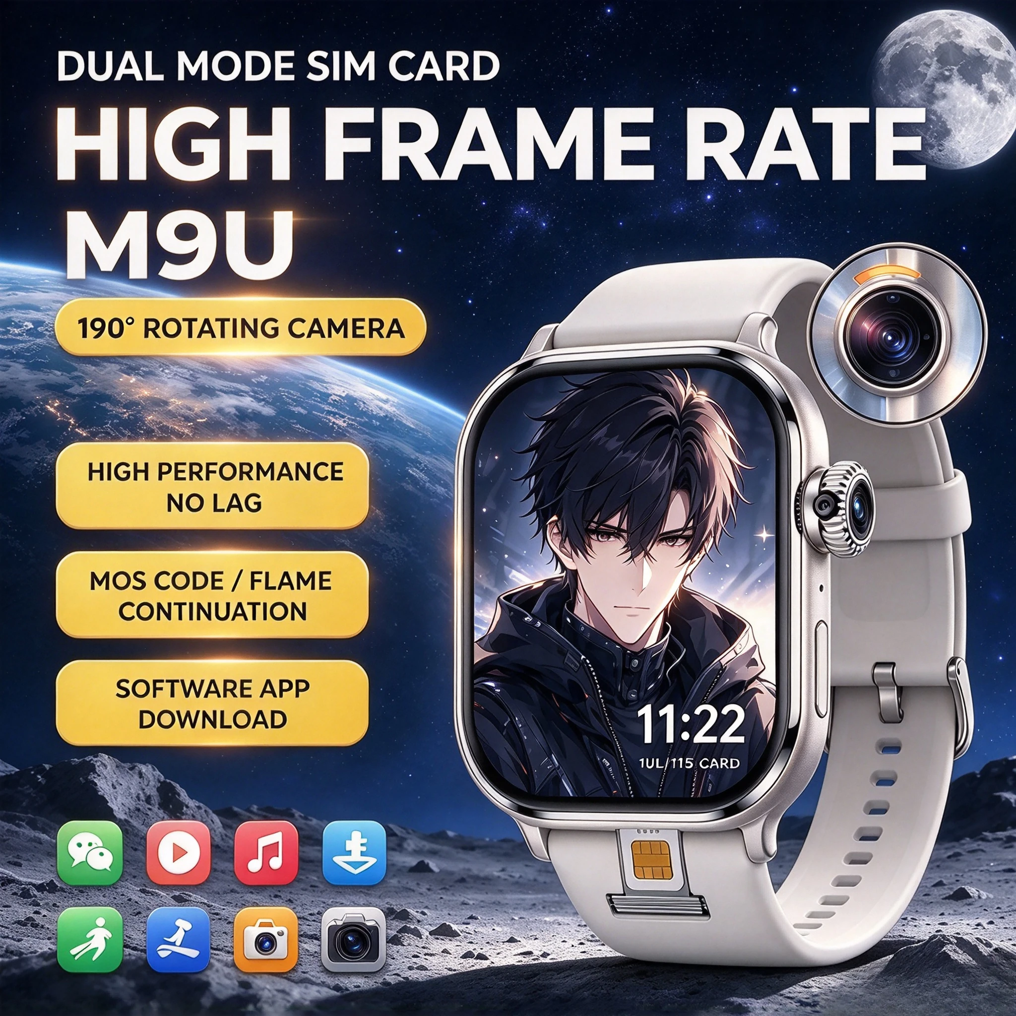 M9U New Android Smartwatch 4G Network SIM Card WiFi Rotary Camera AMOLED Google Play Store Global Version Men Women