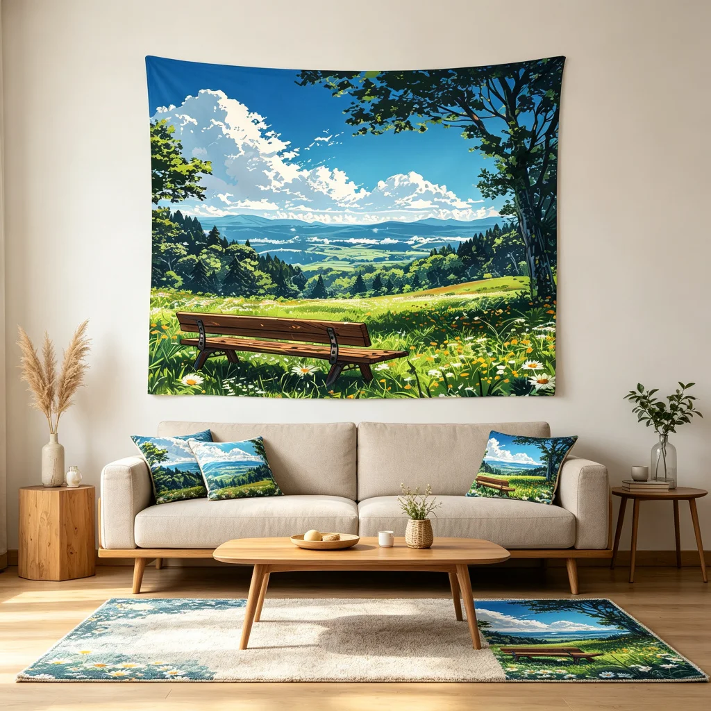 1PC Anime Meadow Bench Art Print Backdrop Banner, Bedroom Living Room Photo Background, Polyester, Home Decor, Wall Art
