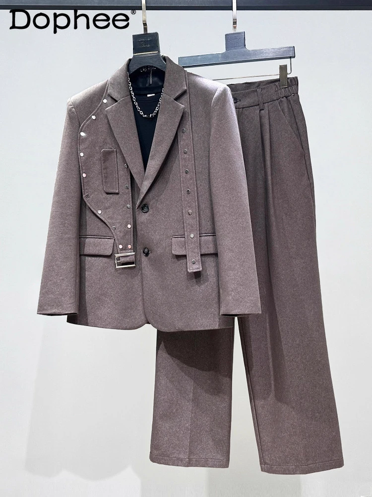 

Men's 2025 Autumn Winter New 2pcs Suit Jacket Straight-Leg Trousers Two-Piece Sets Men's Trendy Loose Solid Color Chic Suit Sets