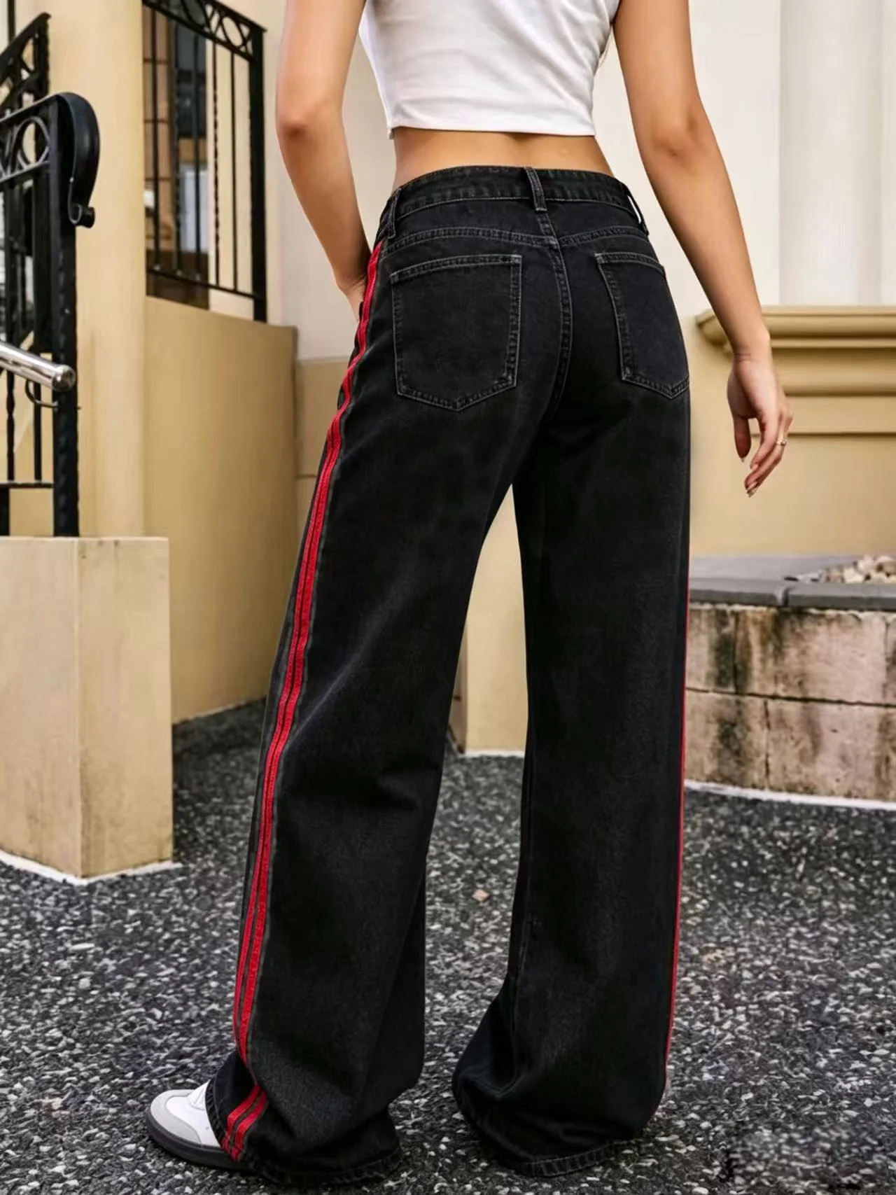 High Waist Black Denim Jeans for Women with Red Side Stripe Design