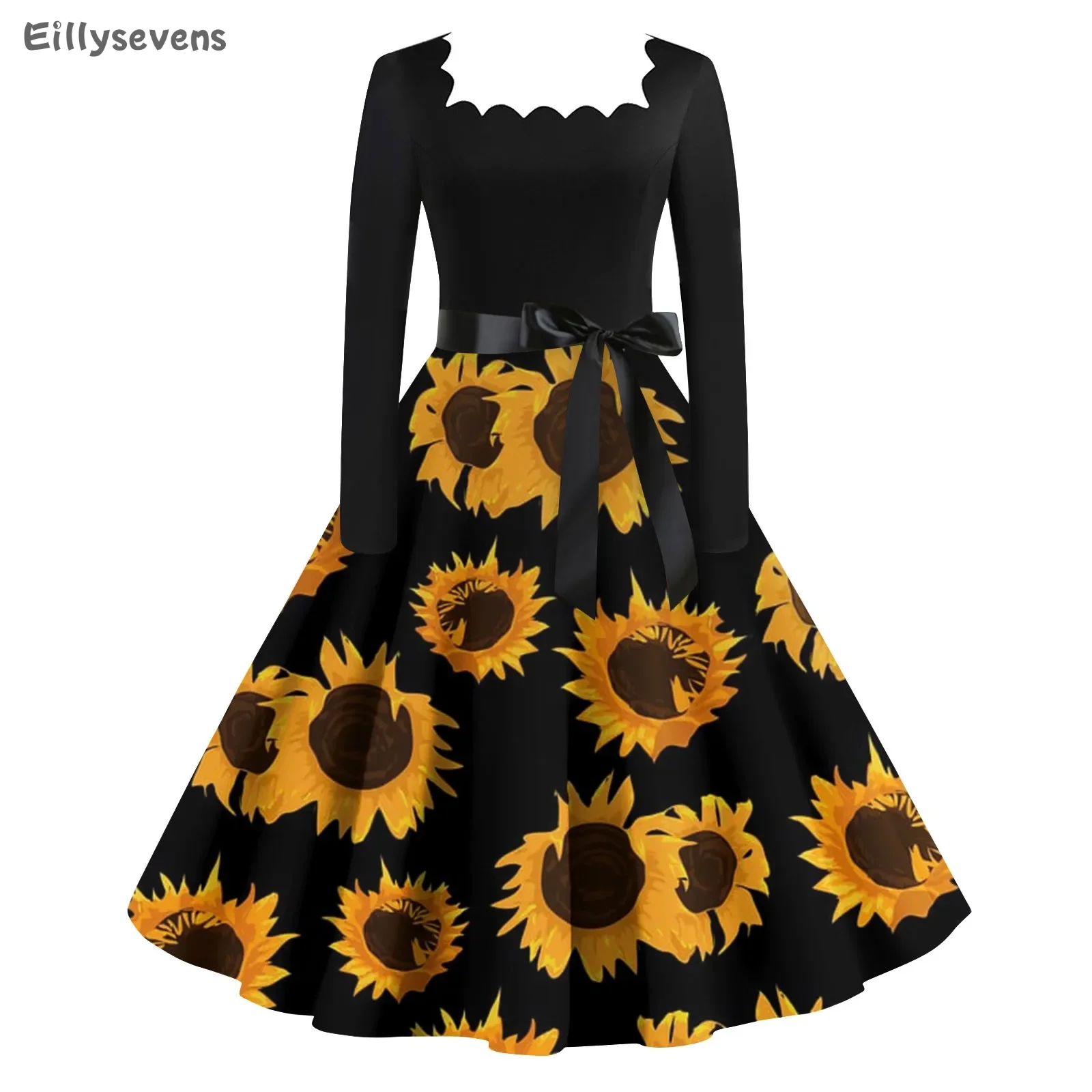 

Women's Elegant large skirt Casual Valentine's Day flower Print dresses Square-neck High Waist Long Sleeve Dress bow tie faldas