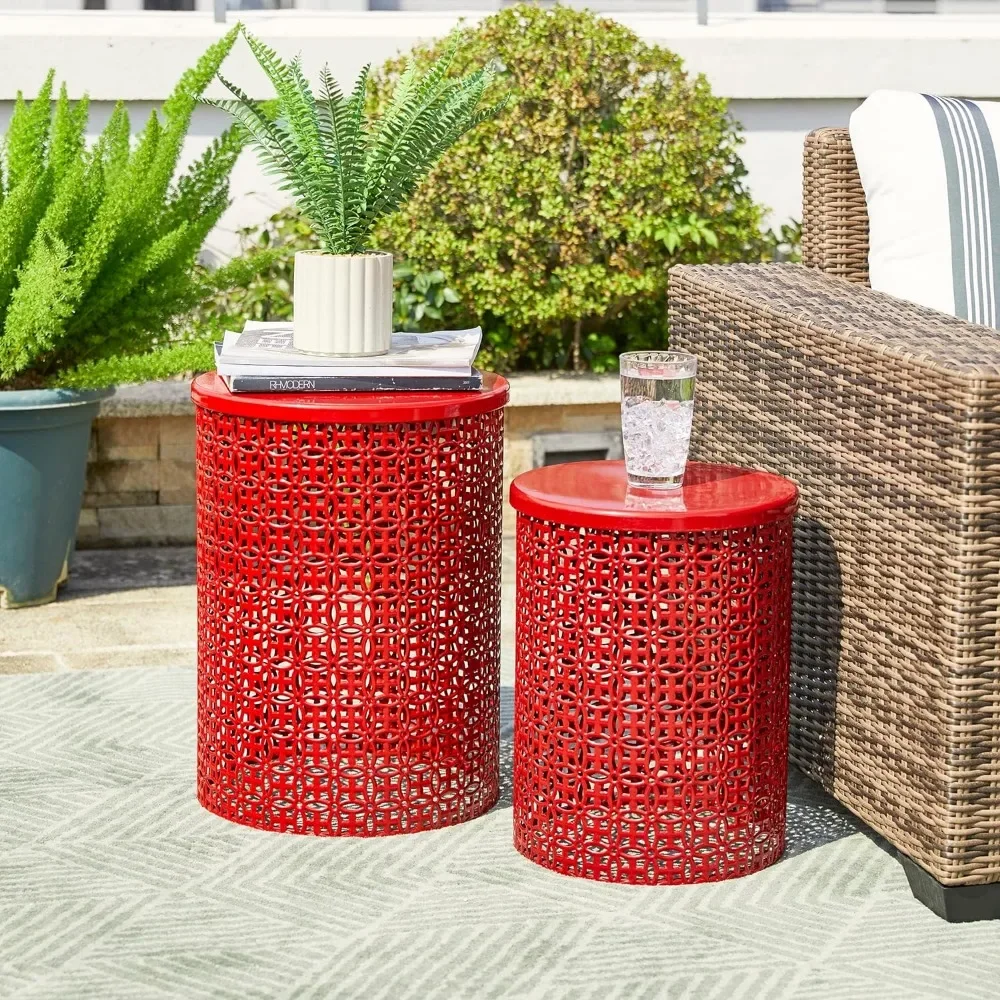 Outdoor Side Table Set of 2, Decorative Garden Stool for Indoor Outdoor Heavy Duty Metal Frame Accent Table Modern