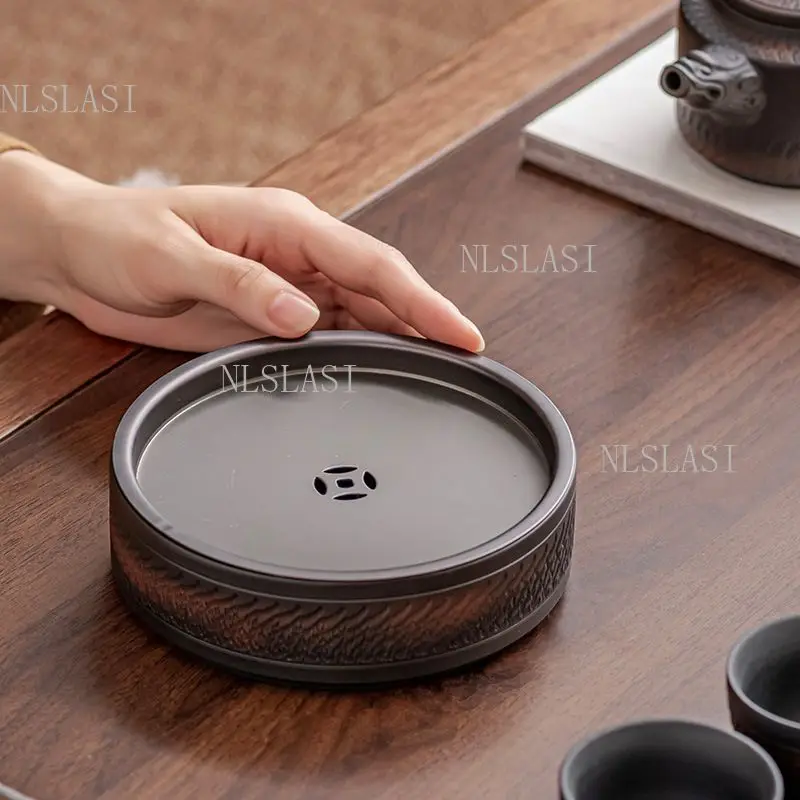 Round Purple Pottery Tea Tray with Water Wave Relief Pattern and Central Drainage Holes Dark Pot Stand for Kung Fu Tea Ceremony