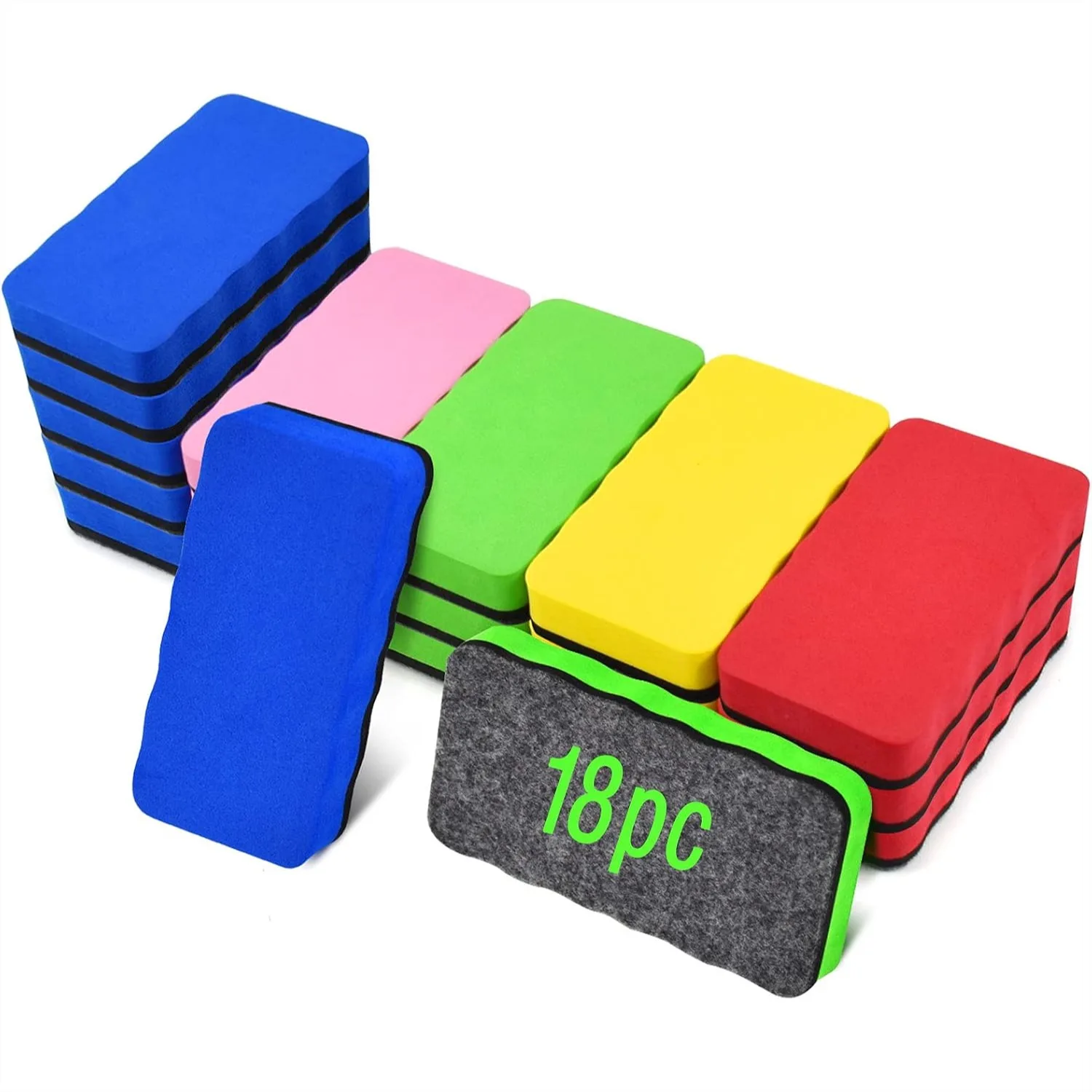 18 Pack Magnetic Dry Erase Erasers for Whiteboard, Chalkboard Cleaner Wipes for Classroom Home Office, 5 Colors