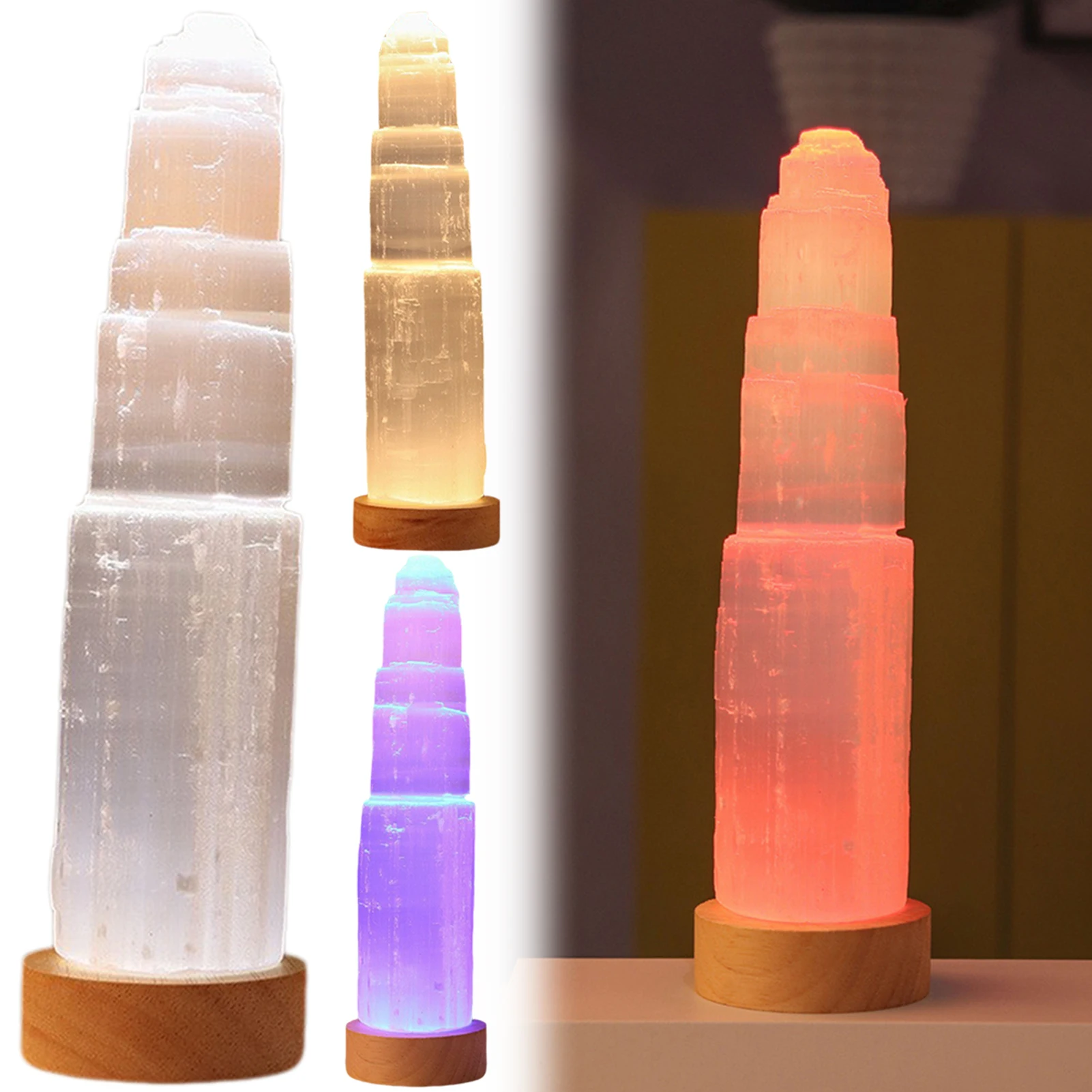 Selenite Crystal-Tower Lamp Natural Polished Crystals Mountain Towers Lamp for Healing Present for Home Decor/Room Decor