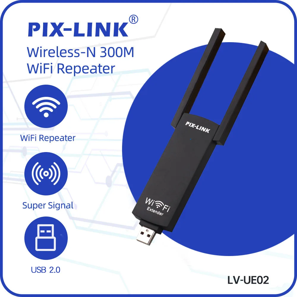 

PIX-LINK UE02 Усилитель Wi-Fi 300 Мбит/с, USB 2.0, беспроводной N-репитер 2,4 ГГц, усилитель сигнала с 2 антеннами, мощное проникновение сквозь стены