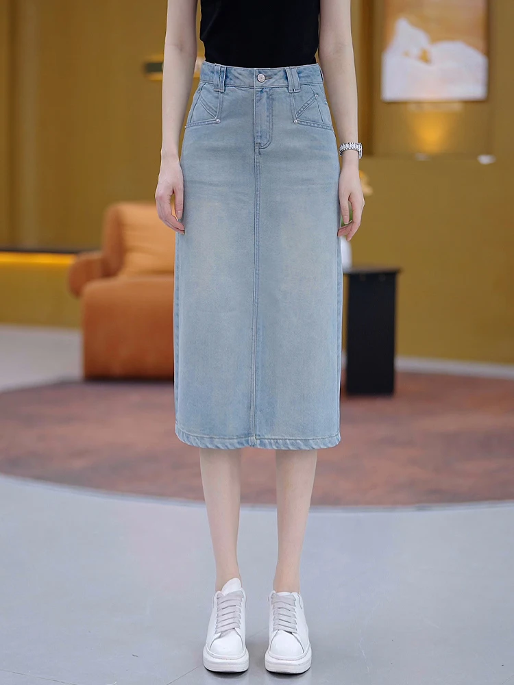 

Женская летняя тонкая джинсовая юбка-миди с кружевом, высокой талией, разрезом, прямого кроя, А-силуэта, в корейском стиле