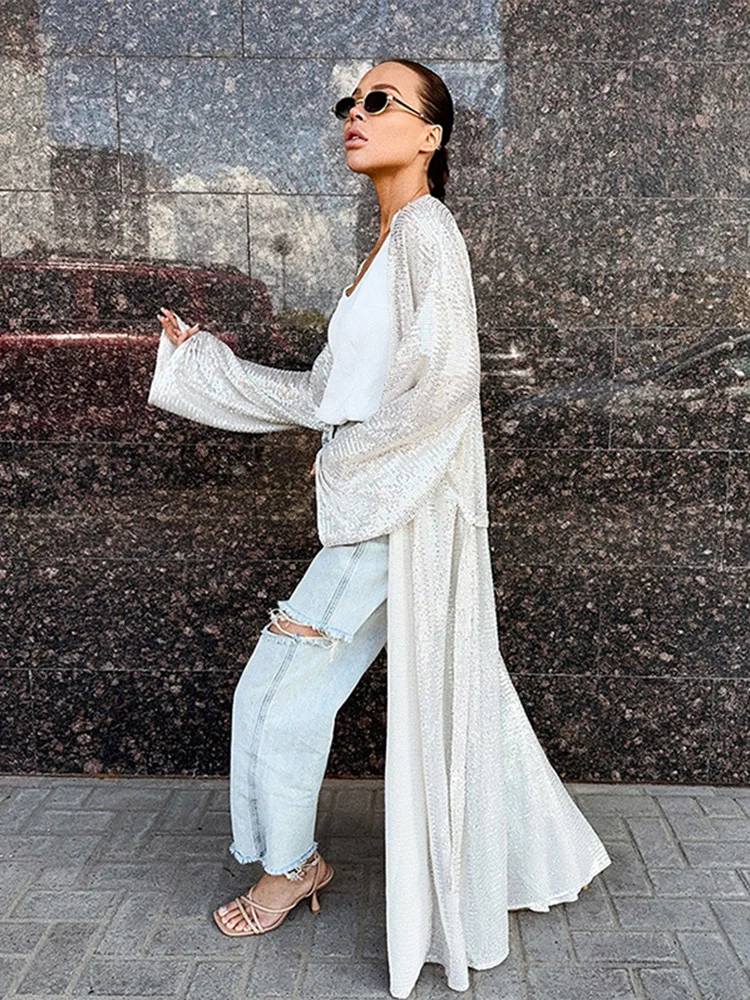 

2026 Woman Spring Long Sleeve Collarless Trench Casual White Woven Sequin Trench Coat Woman Sashes Open Stitch Coats Streetwear
