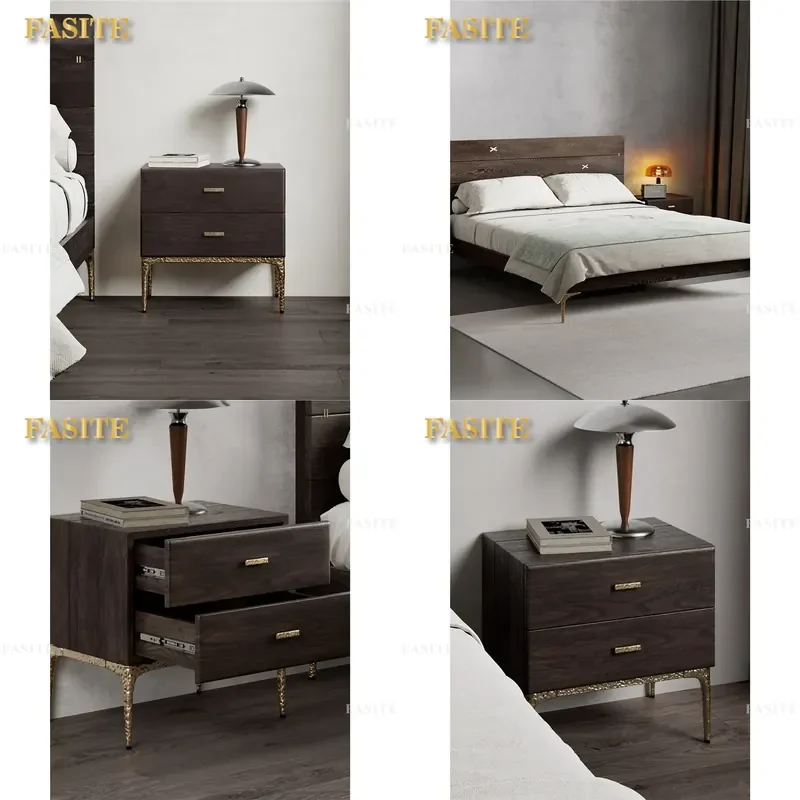 For Oak Bedside Table Small Size Double Drawer Retro Nightstand Premium Texture Bedroom Storage Furniture