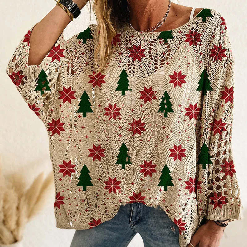 Feminino o pescoço manga morcego camisola solta novo casual crochê festival camisola topo outono natal impresso oco camisola de malha